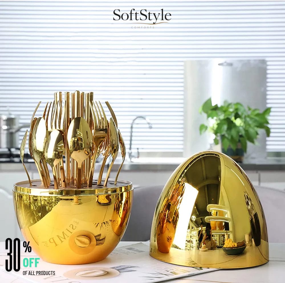 Luxury Golden Egg Cutlery Set with Stand – 6 Piece Spoon & Fork Set.