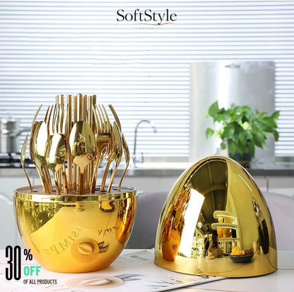 Luxury Golden Egg Cutlery Set with Stand – 6 Piece Spoon & Fork Set.