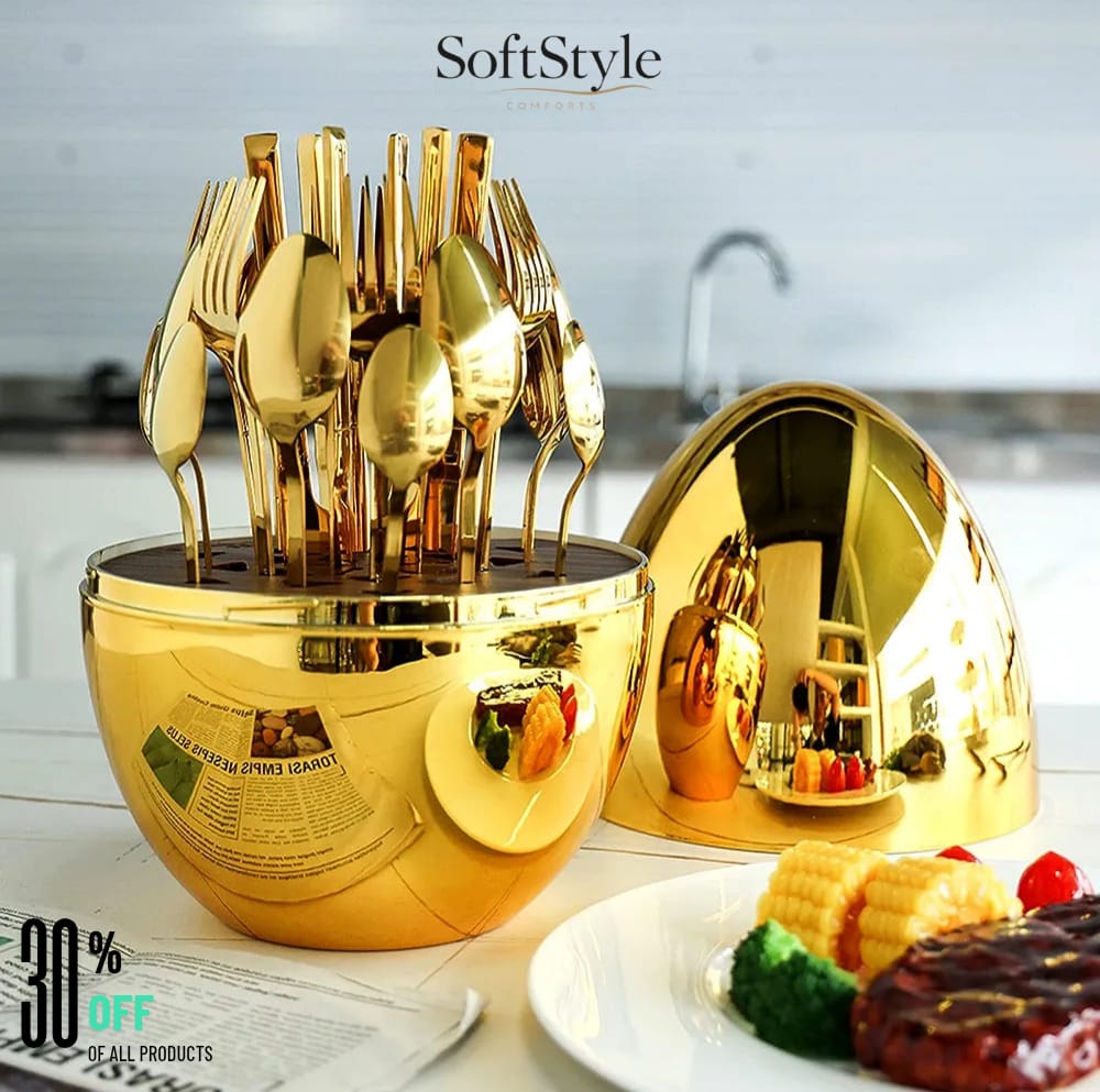 Luxury Golden Egg Cutlery Set with Stand – 6 Piece Spoon & Fork Set.