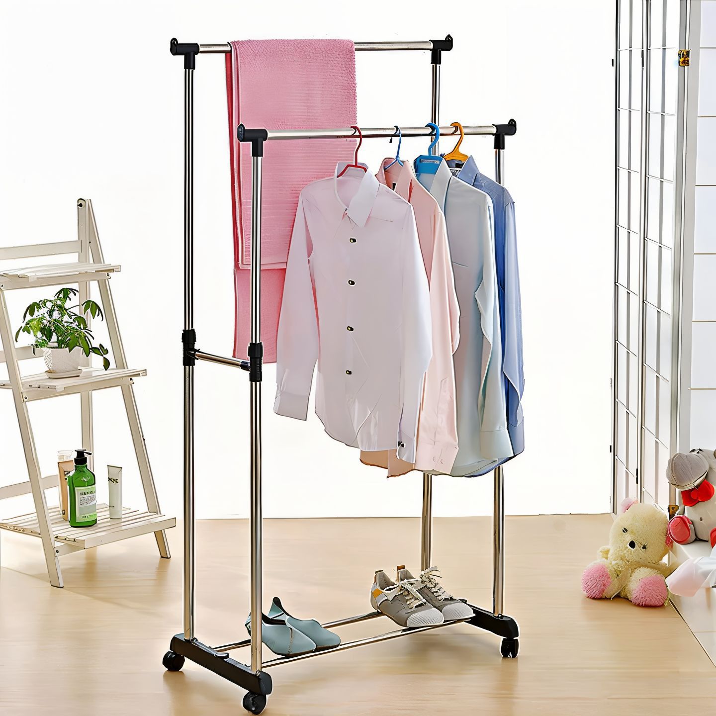 imported Multipurpose Stainless Steel Movable Double Rod with Tyres Garment R&nbsp;Imack (Box Packing)