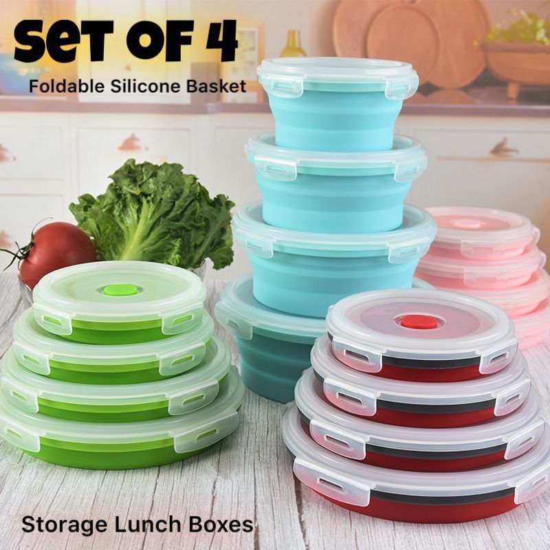Set of 4pcs Foldable/Collapsible Silicone Storage Lunch Boxes (Mix/Random color)