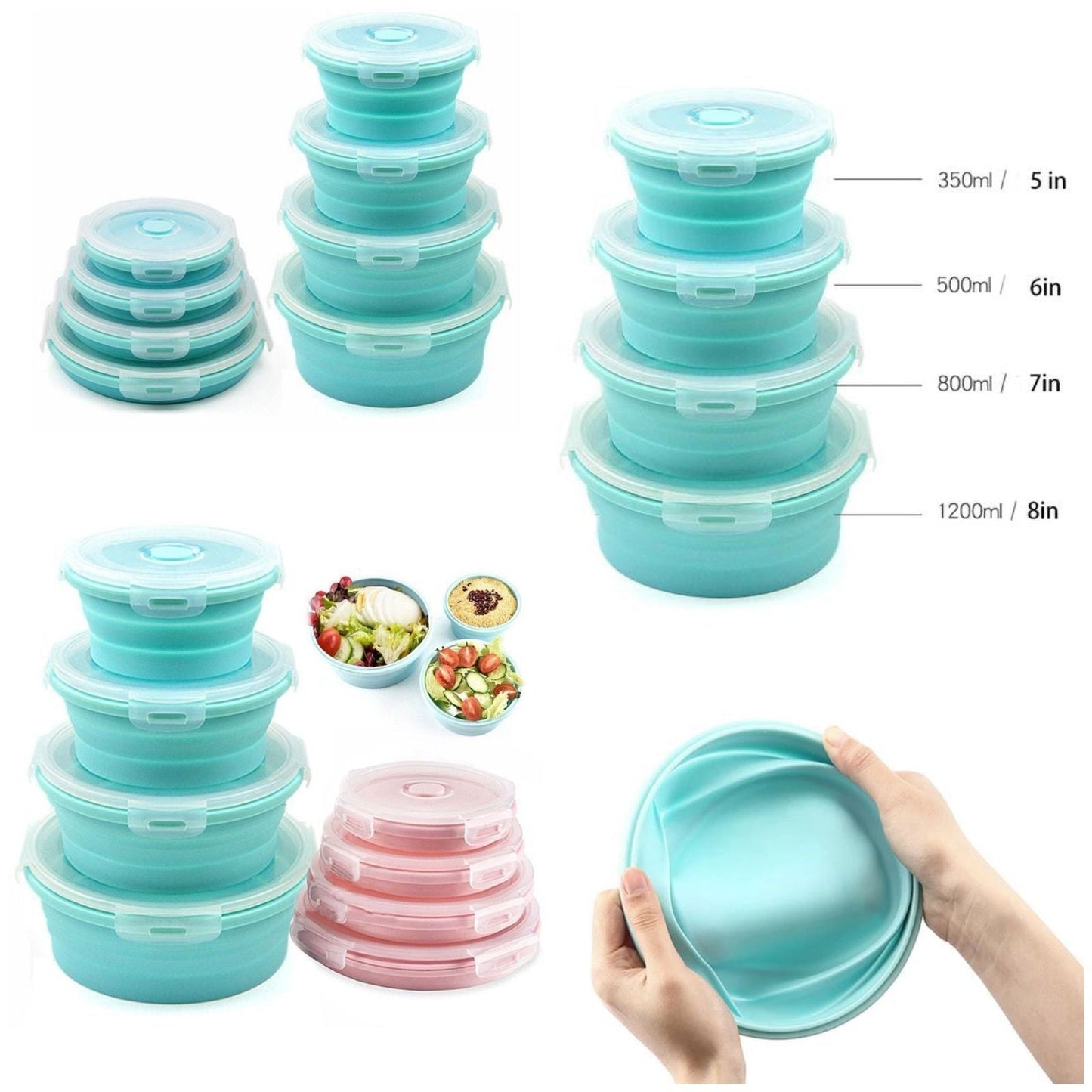 Set of 4pcs Foldable/Collapsible Silicone Storage Lunch Boxes (Mix/Random color)