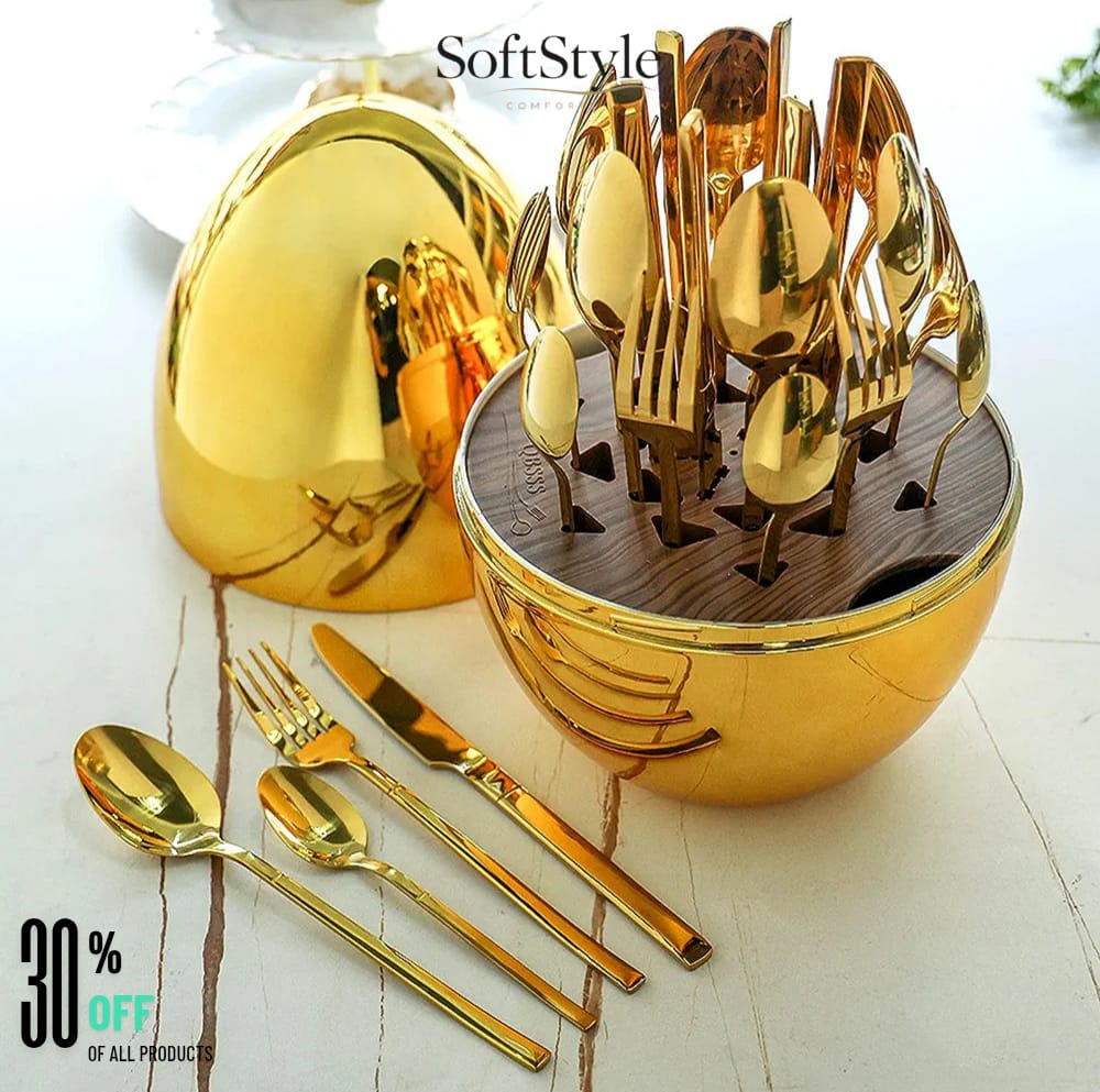 Luxury Golden Egg Cutlery Set with Stand – 6 Piece Spoon & Fork Set.
