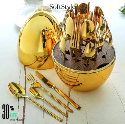 Luxury Golden Egg Cutlery Set with Stand – 6 Piece Spoon & Fork Set.